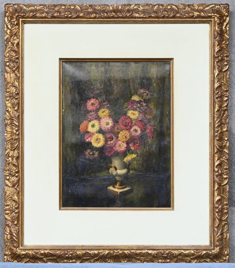 ‘Bloemenvaas’. Olieverf op doek, getekend.