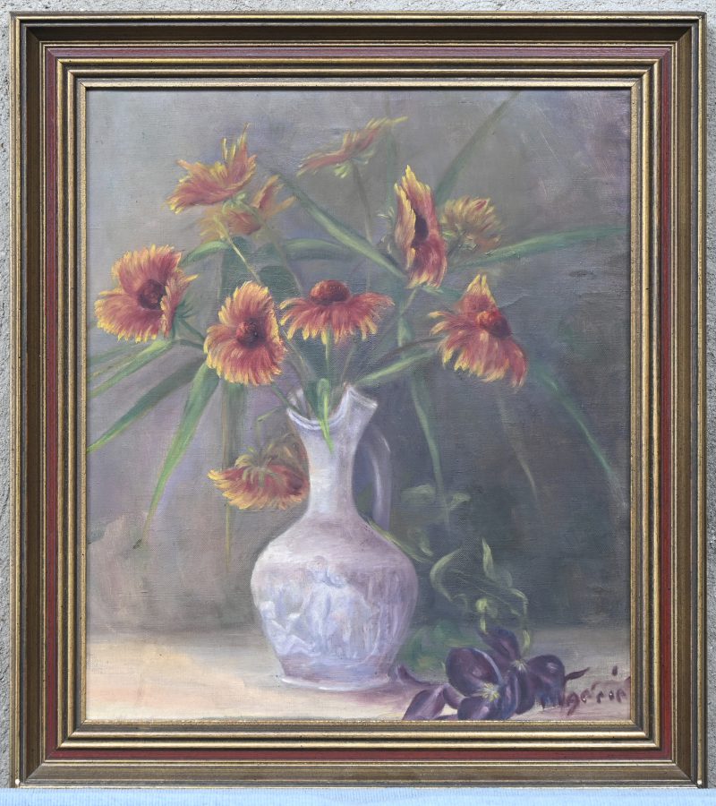 “Bloemenstilleven”, een schilderij, olieverf op doek, gesigneerd.