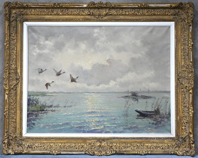 “Opvliegende eenden”, een schilderij, olieverf op doek, gesigneerd.