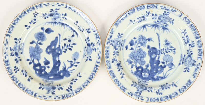 Een paar borden van Chinees porselein met een blauw op wit decor van flora. Qianlong decor.