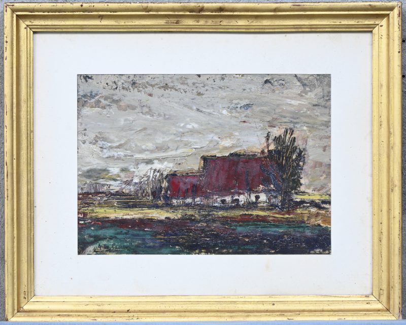 “Landschap met hoeve”. Expressionistisch olieverfschilderij, getekend; G. De Pauw. Gabriël De Pauw was een kunstschilder uit België. Hij schilderde onder andere stillevens en landschappen. Hij was de zoon van de neo-impressionistische schilder Jef De Pauw.