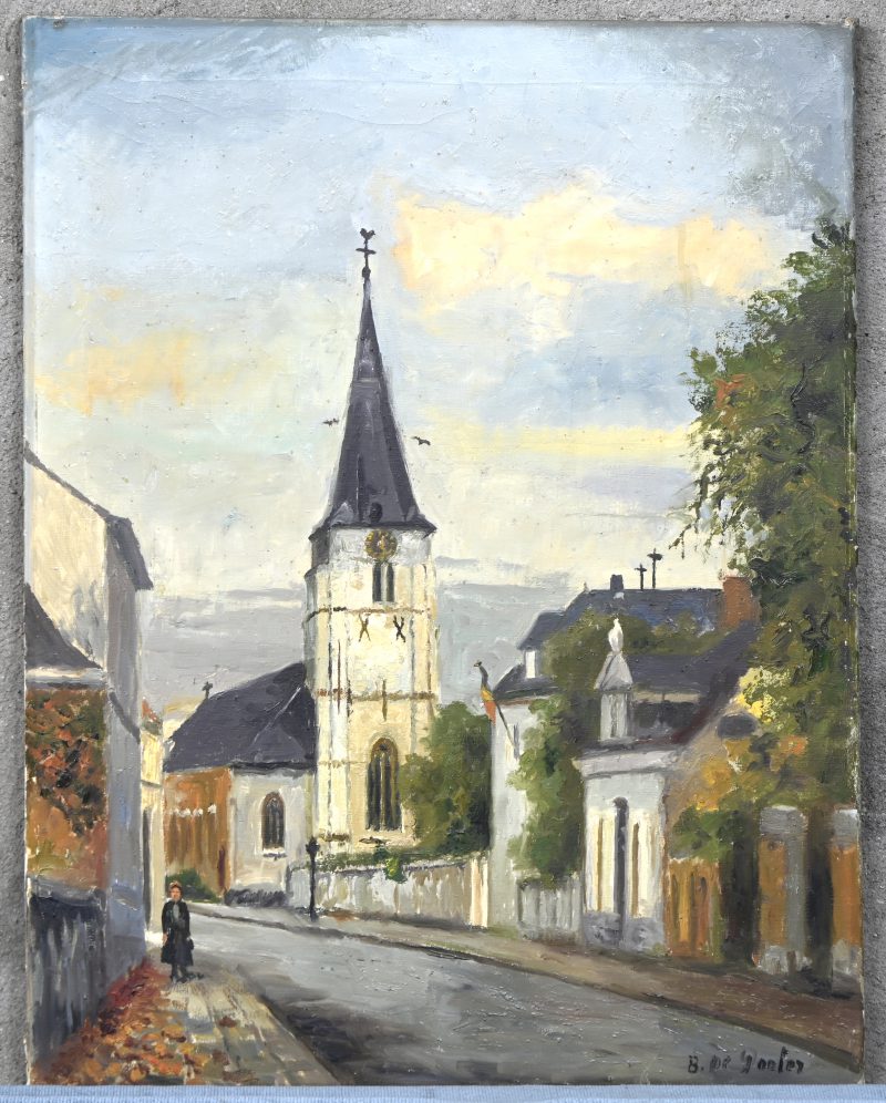 ‘St. Bavo kerk, Wilrijk’. Olieverf op doek, getekend.