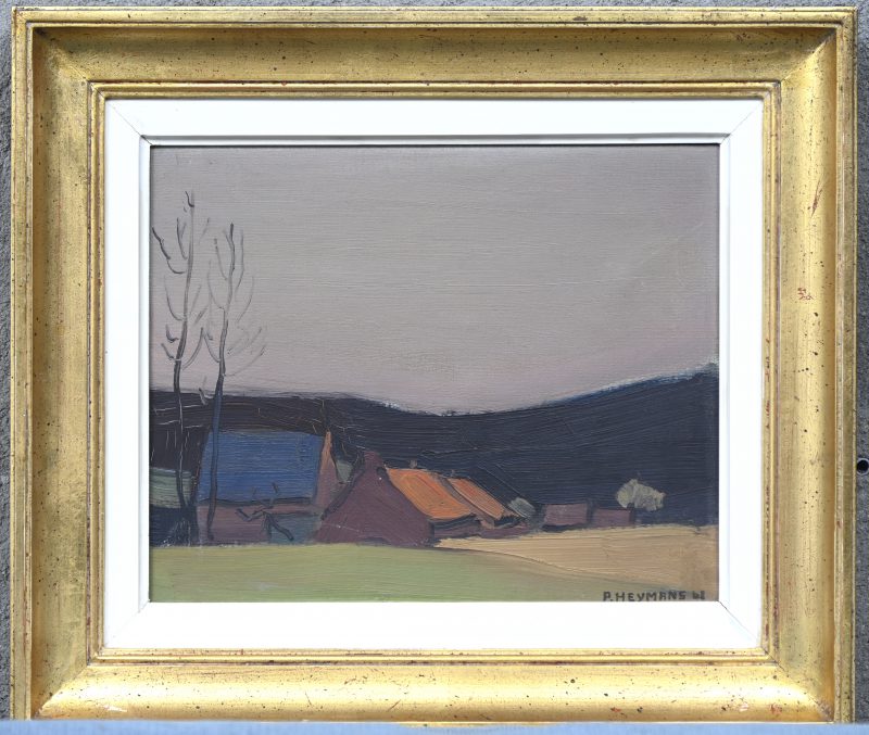 ‘Landschapje’. Art brut, olieverf op doek. Getekend en gedateerd, ‘61.