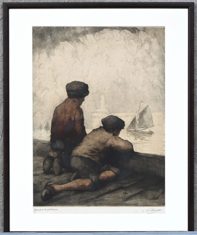 "Gamin de pêcheurs”, een kleurenets, gesigneerd in potlood buiten de plaat ‘K. Peiser alsook getiteld.