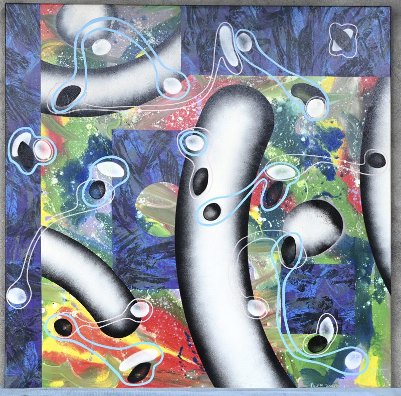 ‘Abstracte compositie’. Acryl op doek. Veelkleurig werk, getekend Philippe Tonnard, 1989.
