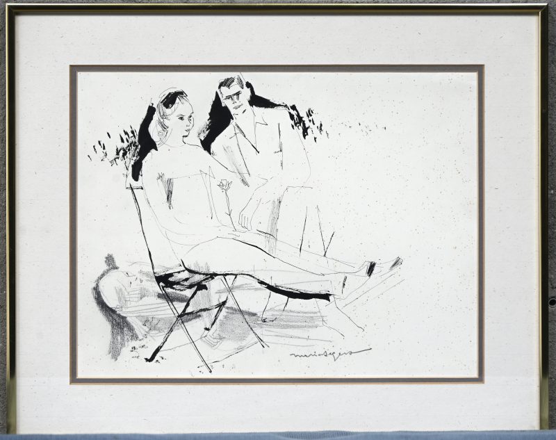 “Het huwelijksaanzoek”, een tekening, potlood en inkt op papier, gesigneerd.