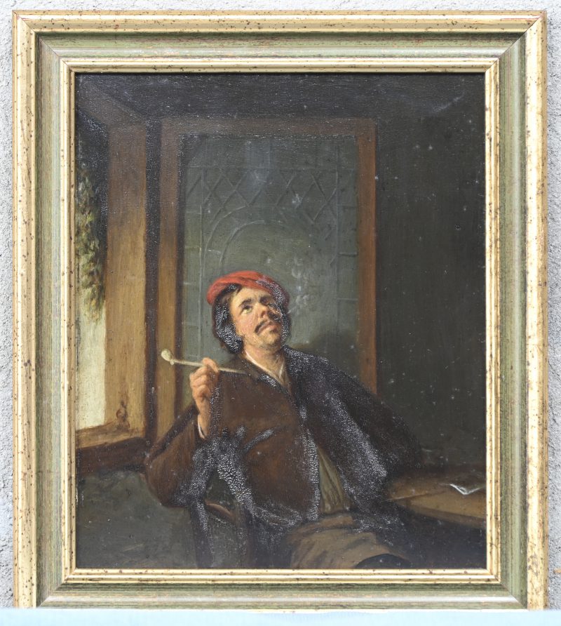 ‘Man met pijp’. Olieverfschilderij op paneel naar de 19e eeuw. Niet getekend.