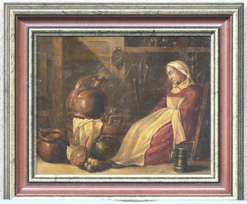 ‘Slapende keukenmeid’. Olieverf op paneel, in de stijl van de 19e eeuw. Draagt lakzegel op de rug.