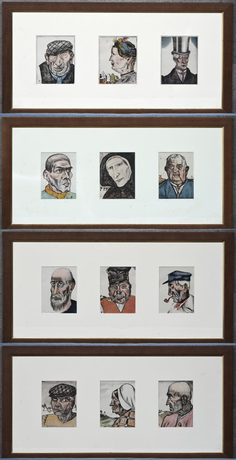 ‘Lierse typen’. En set van 12 kleurenlitho’s in vier kaders. Getekend op de steen.