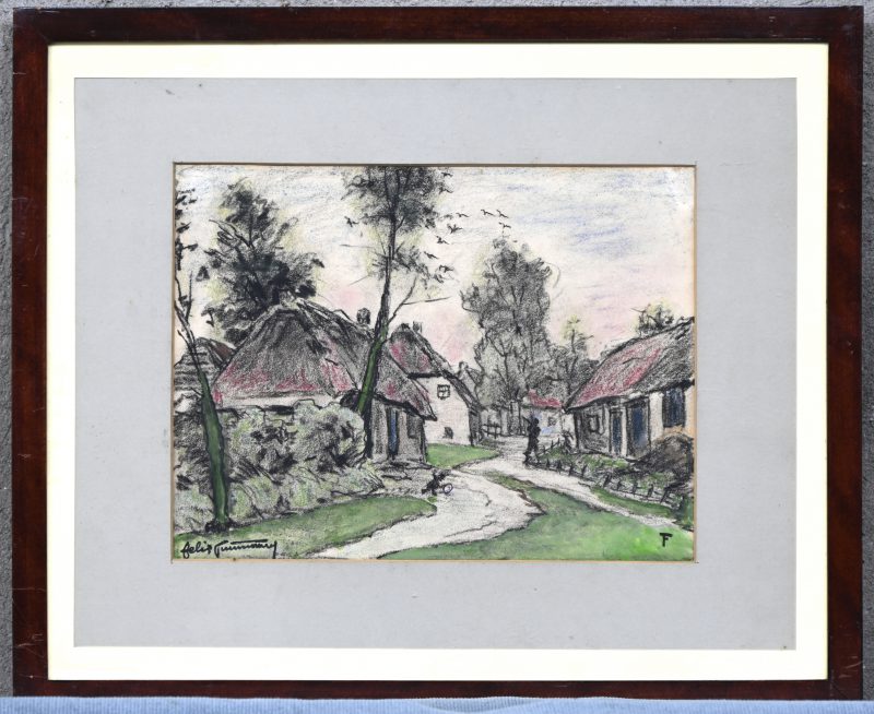 ‘Plattelandsdorpje’. Tekening in gemengde techniek, getekend.