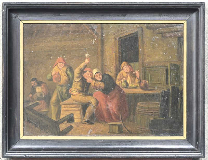‘Drinkebroers’. Olieverf op paneel, naar Brueghel. Niet getekend.