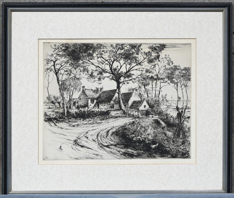 ‘Hoeve’. Monochrome ets, getekend in de plaat; JPV, 1938.