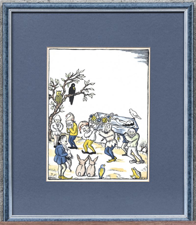 ‘De rouwstoet van Sneeuwwitje’. Ingekleurde litho, gemonogrammeerd; F.