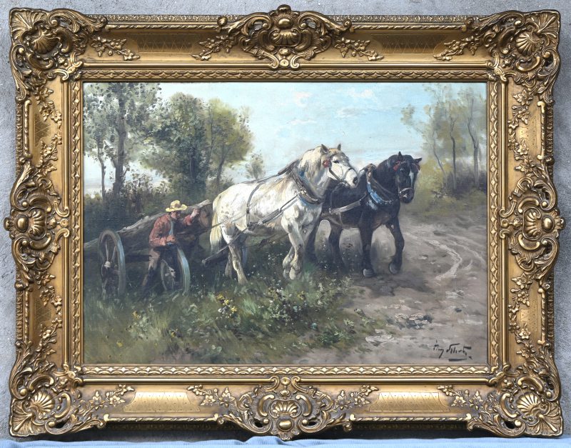 ‘Trekpaarden aan het werk’. Olieverfschilderij op doek, onleesbaar getekend. Naar de 19e eeuw.