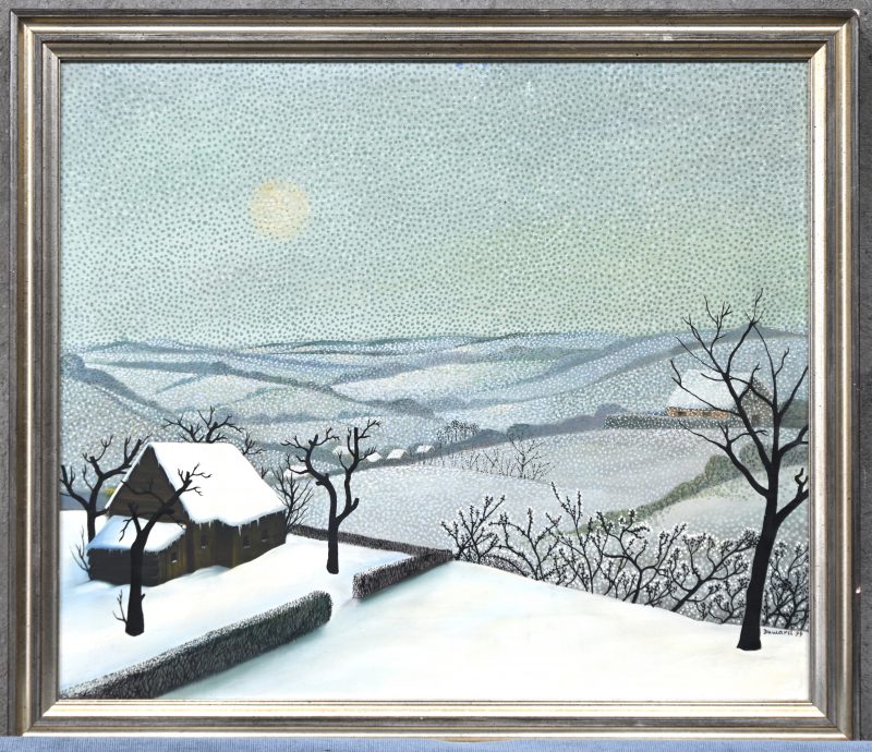 “Winterlandschap”, een schilderij, olieverf op doek, gesigneerd Dumarel en gedateerd ‘74.
