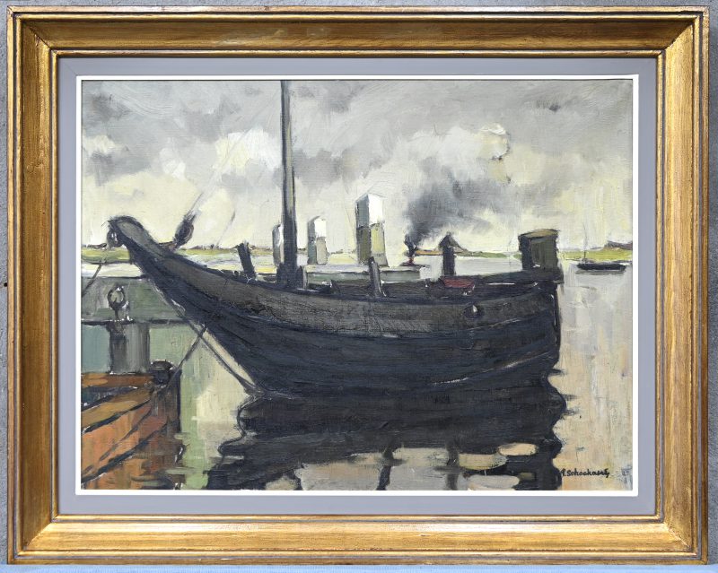 “Oude visserssloep, Nieuwpoort”. Olieverf op doek. Gesigneerd. Tentoongesteld in 1958.