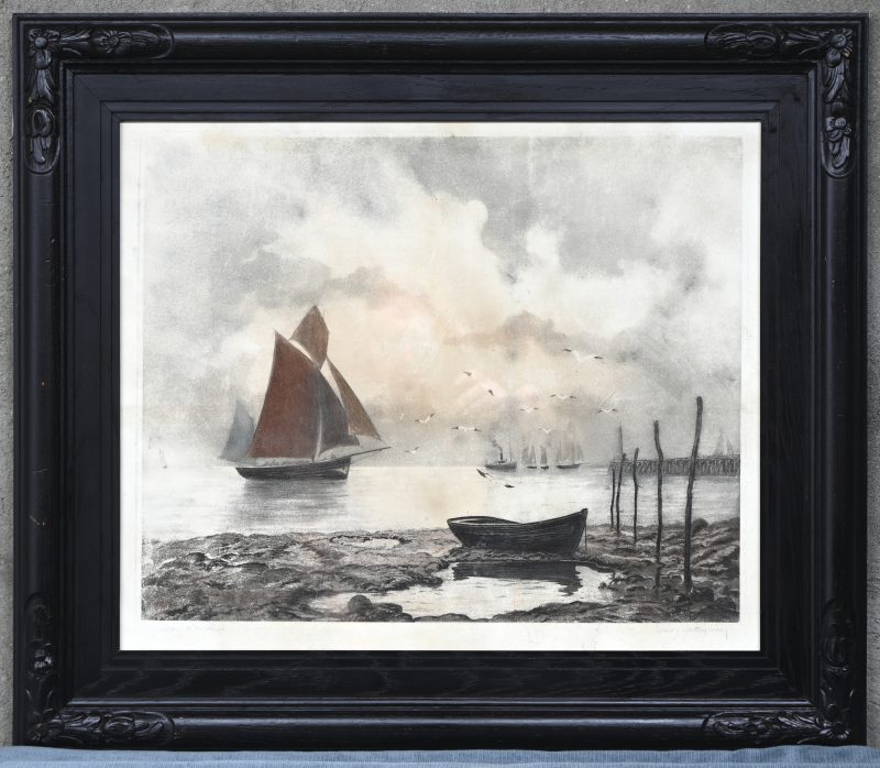 “Zeilboot en sloep bij de oever”. Litho. Onleesbaar gesigneerd.
