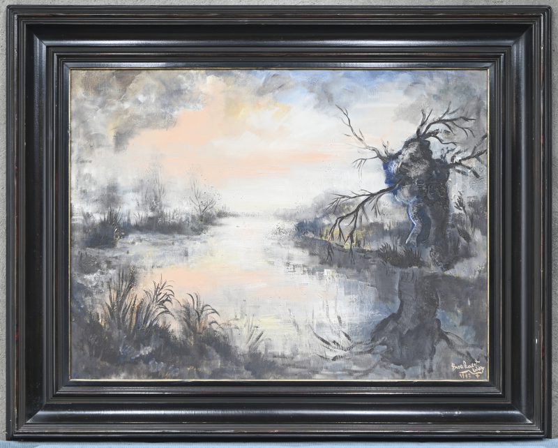 “Venlandschap met knotwilg”. Olieverf op doek. Gesigneerd en gedateerd 1977.