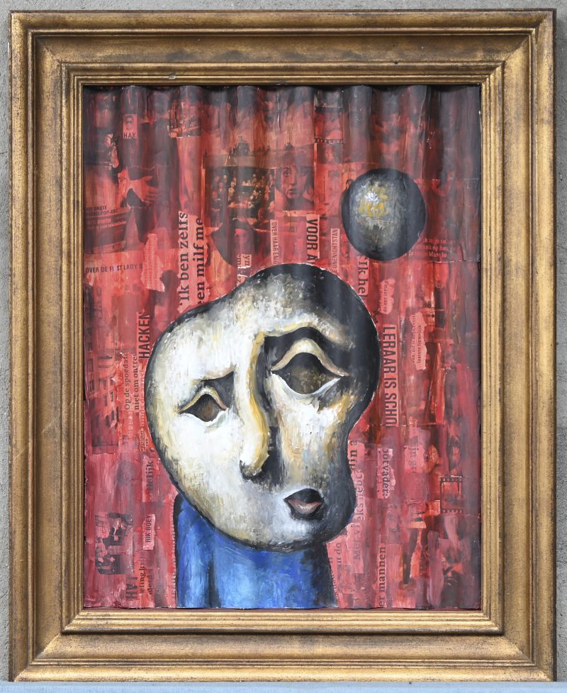“Collage met olieverf en krantentitels”.
