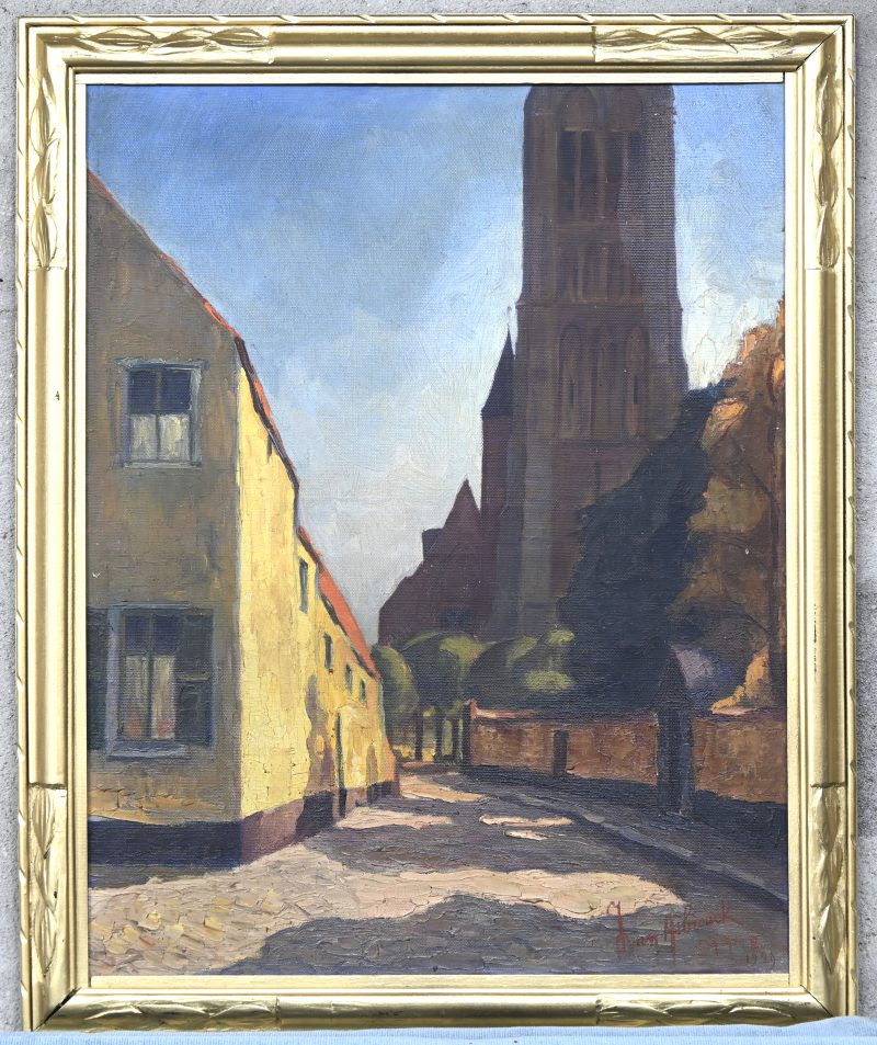 “Stadszicht met kerktoren”. Olieverf op doek. Gesigneerd en gedateerd 1929.