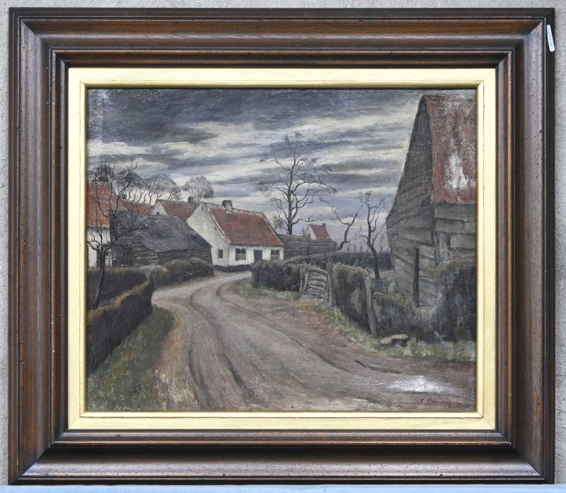 “Veldweg met hoeve”. Olieverf op doek. Gesigneerd.
