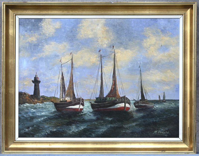 “Vissersboten bij de vuurtoren”. Olieverf op doek. Gesigneerd en gedateerd 1967.