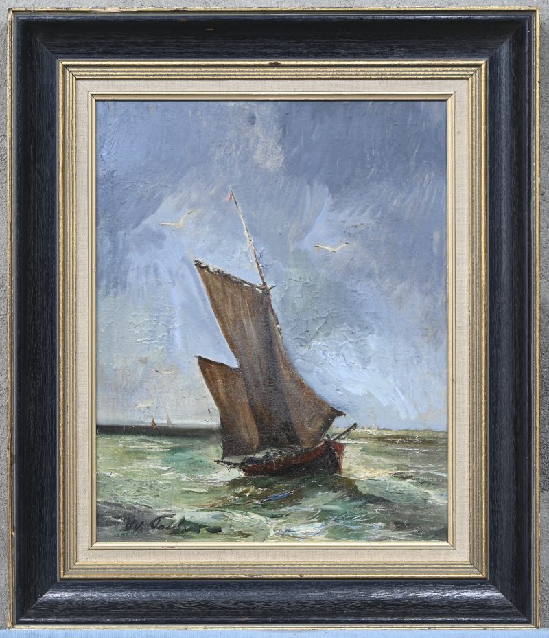 “Vissersboot op zee”. Olieverf op doek. Gesigneerd.