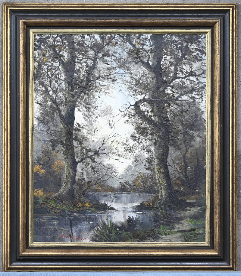 “Bosvijver”. Olieverf op doek. Onleesbaar gesigneerd.