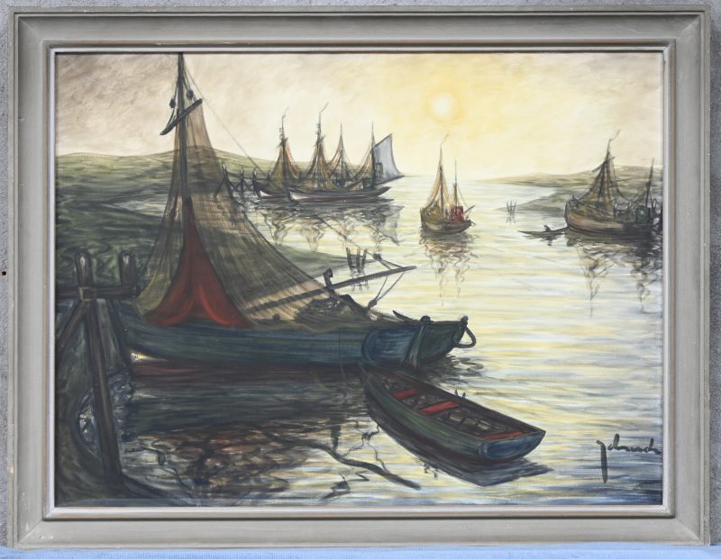 “Vissersboten in de haven”. Gemengde techniek. Onleesbaar gesigneerd.