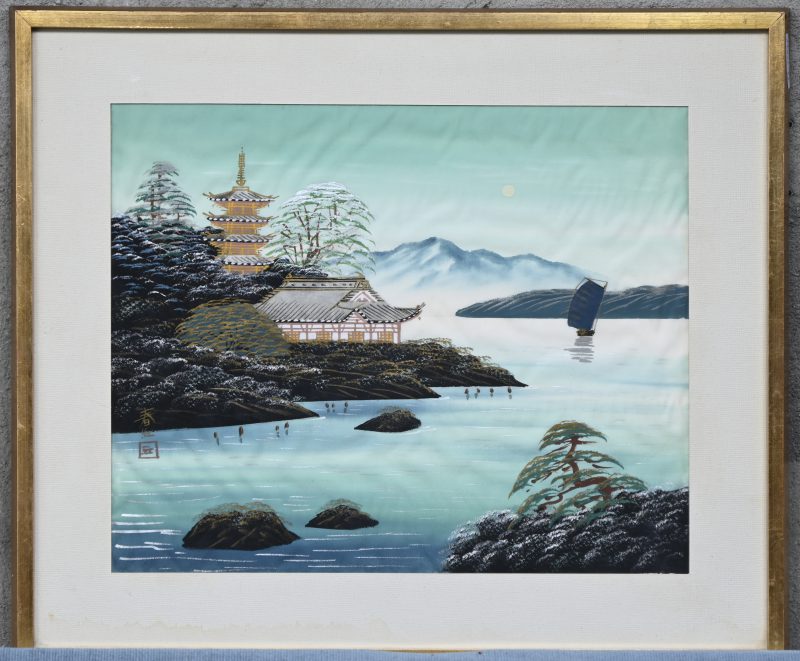 “Pagode bij het water”. Gemengde techniek. Gesigneerd. Japans werk.