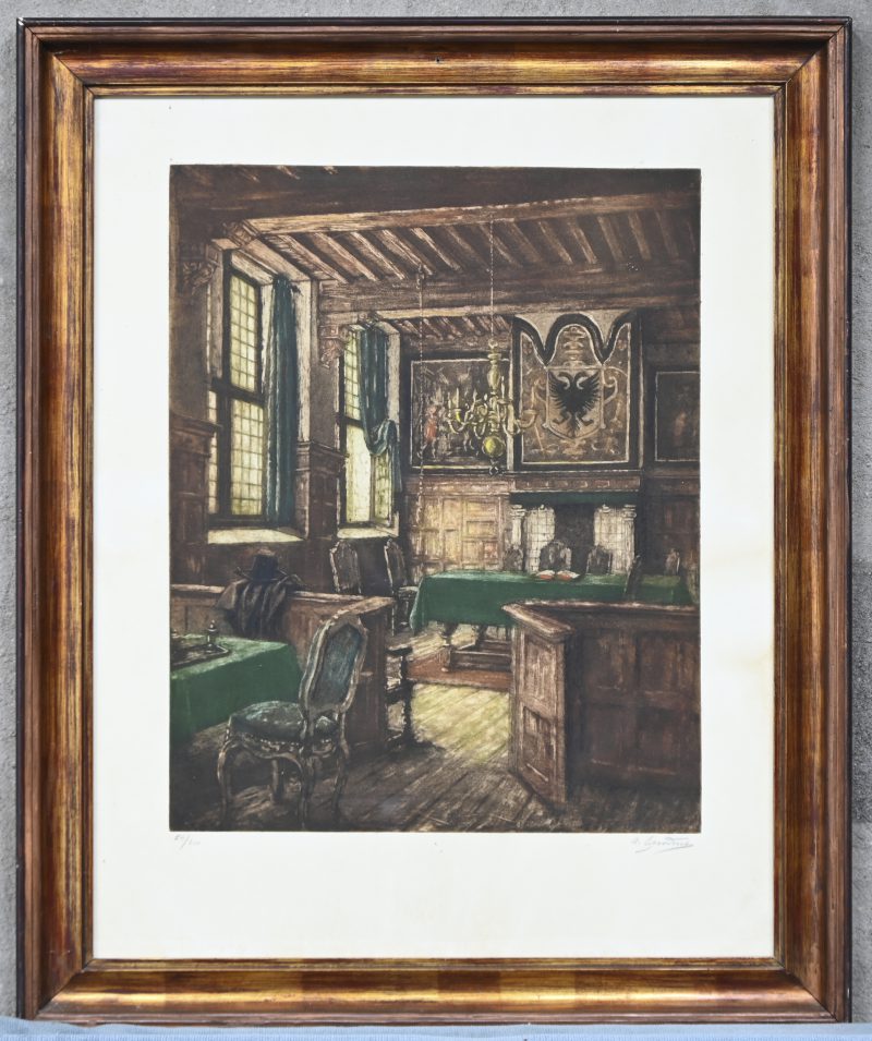 “Interieur van het Brouwershuis”. KLeurenets. Gesigneerd buiten de plaat.