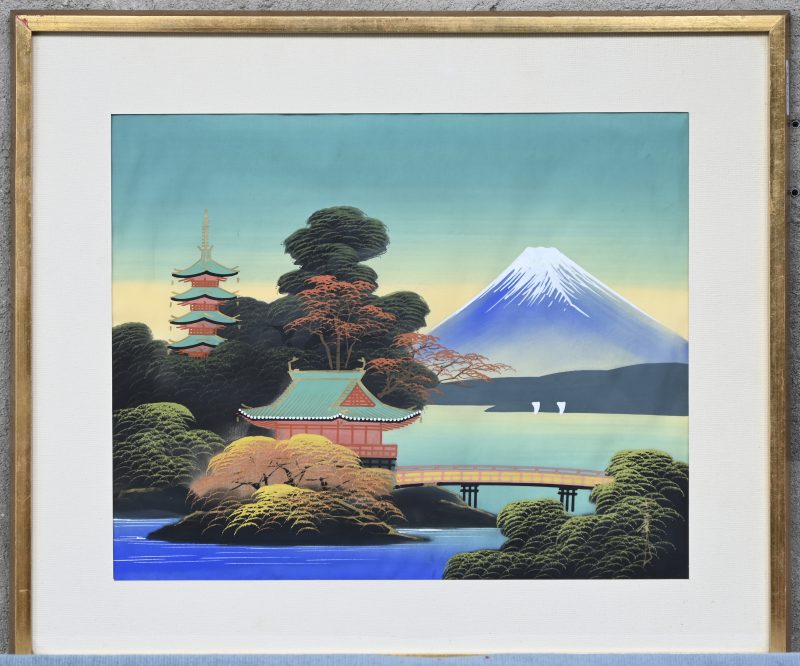 “Pagode bij een meer met Fuji Yama op de achtergrond”. Gemengde techniek. Gesigneerd. Japans werk.