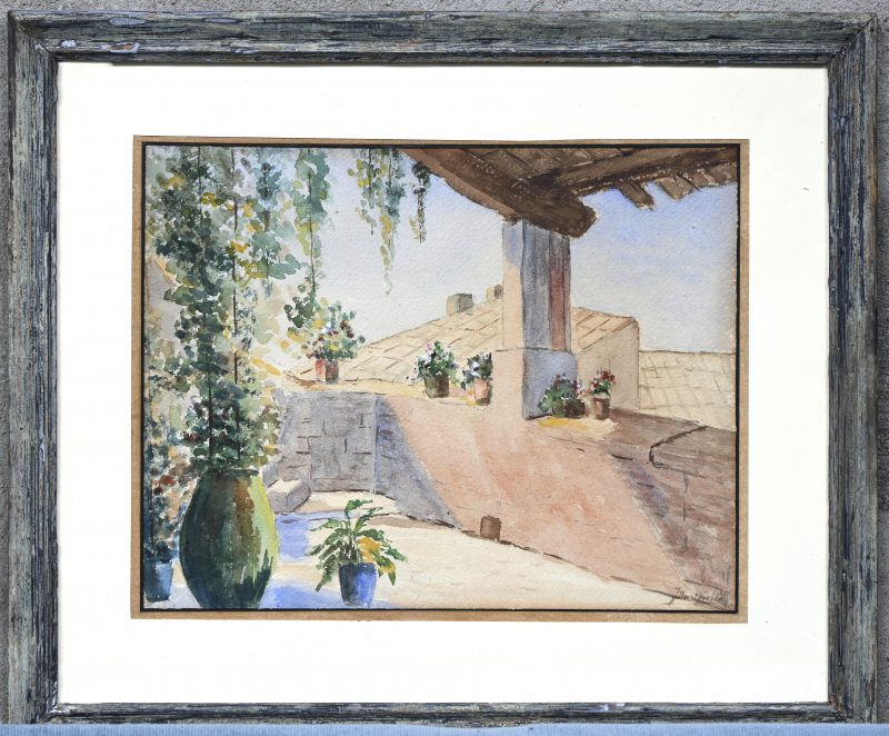 “Zuiders terras”. Aquarel. Gesigneerd.