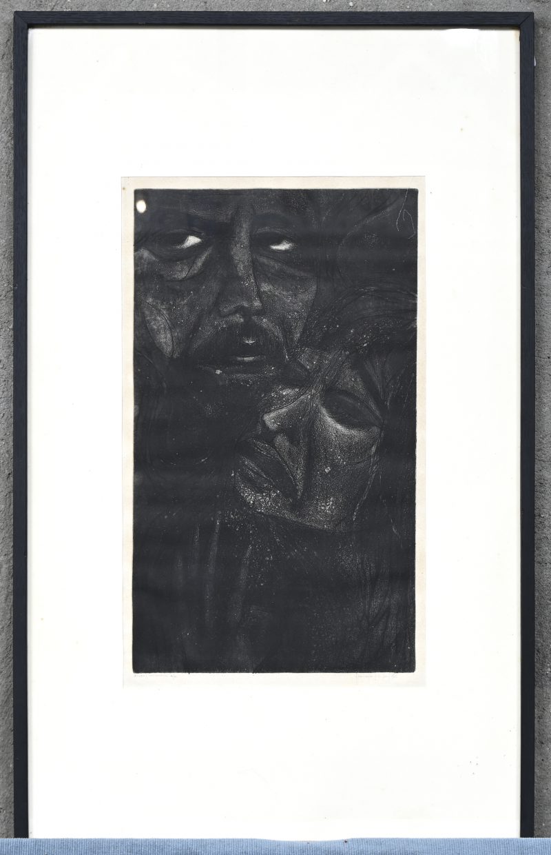 “Twee koppen”. Gravure. Gesigneerd buiten de plaat.
