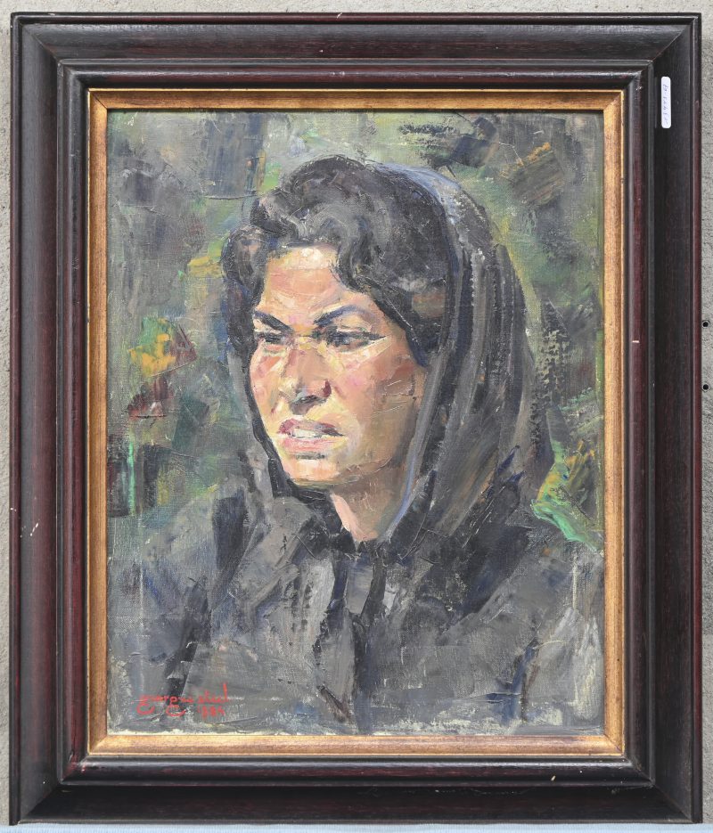 “Portret van een jonge vrouw met hoofddoek”. Olieverf op doek. Gesigneerd en gedateerd 1984.