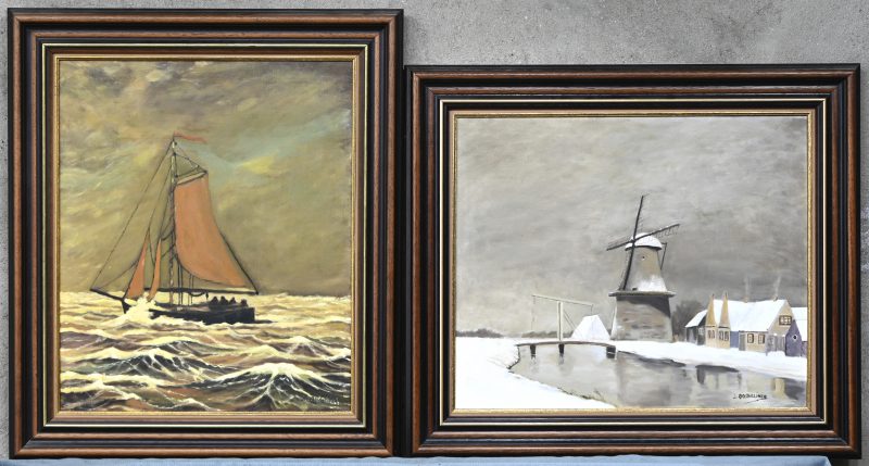 “Molen in de sneeuw” en “Vissersboot op volle zee”. Olieverf op doek. Gesigneerd. Een paar.