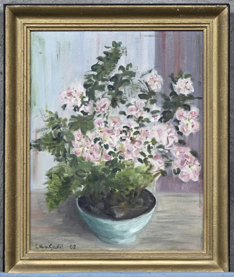 “Stilleven met bloemen”. Olieverf op doek. Gesigneerd.