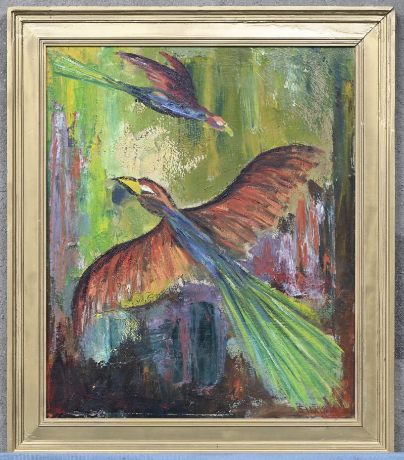 “Paradijsvogels”. Olieverf op doek. Gesigneerd. Kleine letsels.
