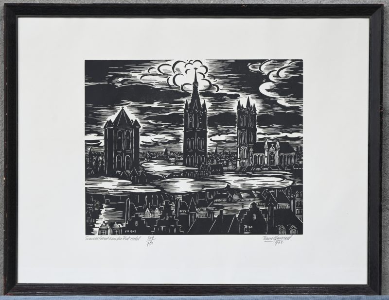 ‘Tour de Gand vues de Post Hotel’. Hoogdruk gemonogrammeerd in de plaat; F.M. 1962 en getekend buiten de plaat; Frans Masereel 1962. Nr. 509 uit een oplage van 750.