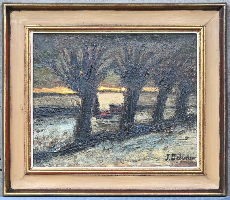 ‘Knotwilgen’. Impasto olieverfschilderij op doek. Abstract impressionisme, getekend; J. Delvaux.