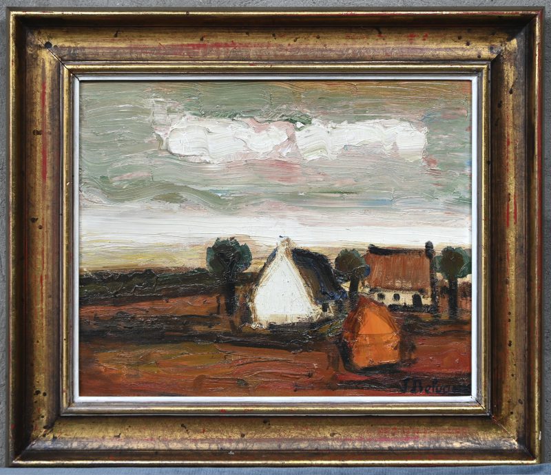 ‘Landschap met boerderijen’. Impasto olieverfschilderij op doek. Abstract impressionisme, getekend; J. Delvaux.