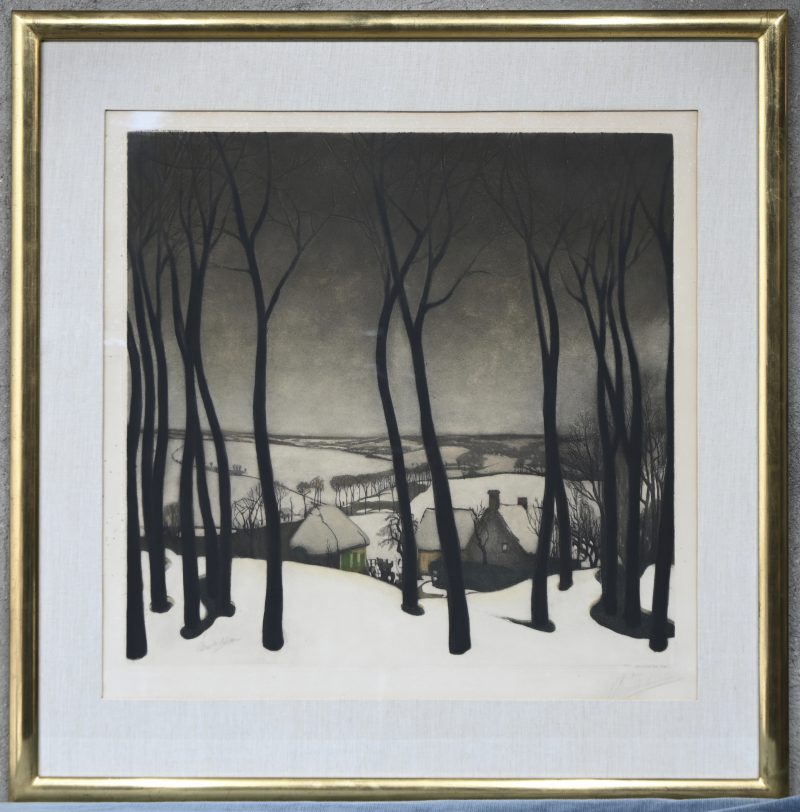 'Les grands arbres'. Kleurenets/aquatint door Armand Apol naar het werk van Valerius de Saedeleer, getekend buiten de plaat; Valerius de Saedeleer. In de plaat; Apol 1930.