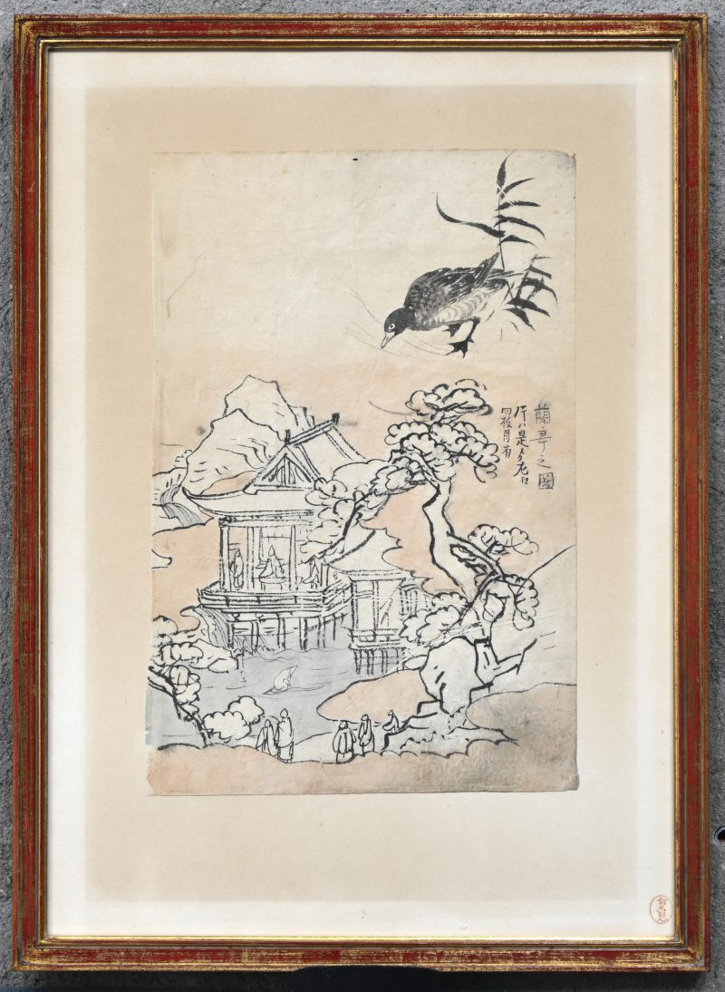 ‘Landschap met eend’. Ingekleurde hoogdruk, toegeschreven aan Yamamoto Baiitsu.