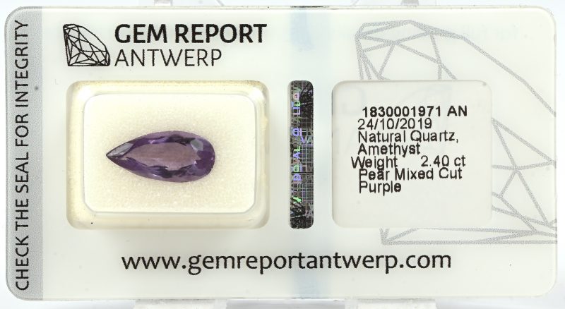Een amethist, pearshape van +- 2,40 ct.