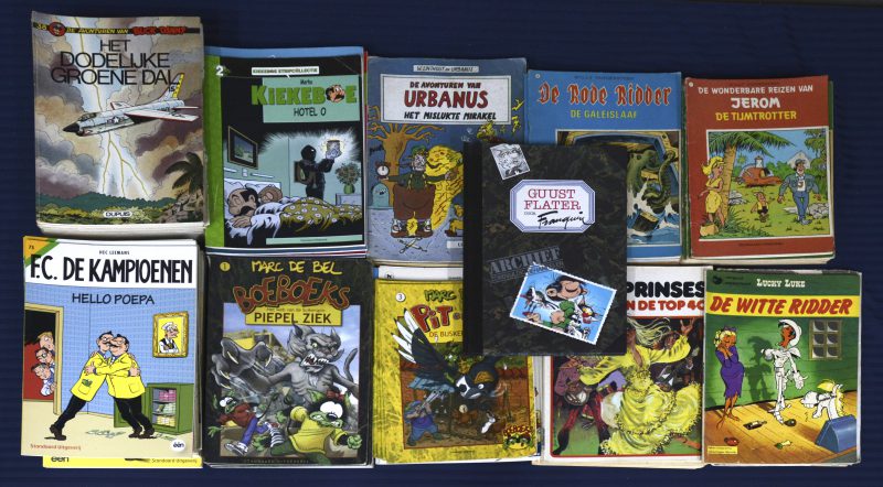 Een lot van 93 Nederlandstalige stripalbums: Bakelandt, Pit en Puf (e.a. Marc De Bel), Spring, De Pfaffs, F.C. D Kampioenen, De Kiekeboes, Urbanus, Lucky Luke, Buck Danny, Tina, De Rode Ridder, Bessy, Biggles, Jerom e.a.