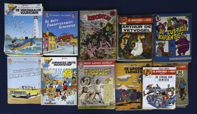 Een lot van 59 Nederlandstalige stripalbums: Reinhart de eenzame ridder, ‘t Kapoentje, Piet Pienter en Bert Bibber, Jommeke, Nero e.a.