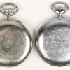 Een lot van 2 Roskopf zakhorloges waarvan 1 met haarlijnscheurtjes in de wijzerplaat, de 2de mist zijn wijzers en glas.