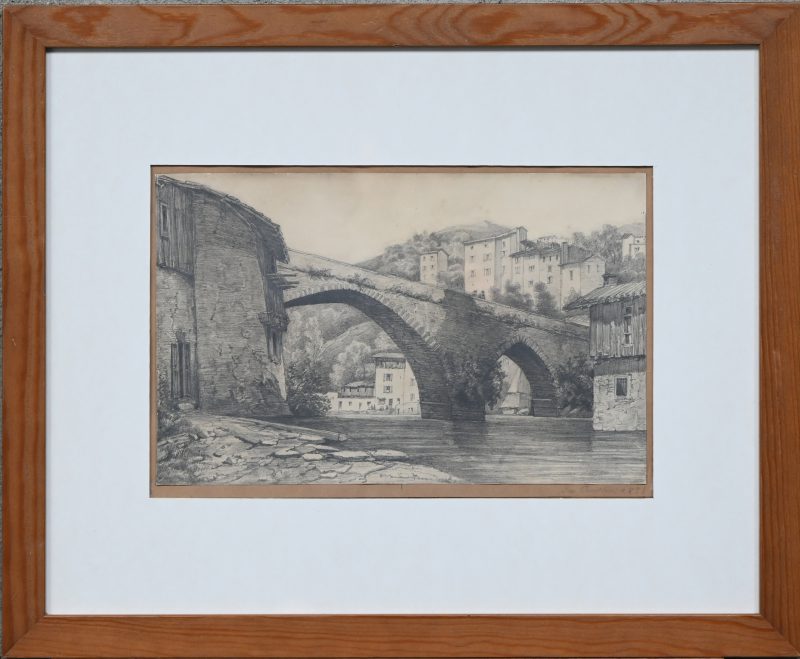 Een zicht op een brug in Frankrijk of Italie, potloodtekening, onduidelijk gesigneerd buiten de tekening en gedateerd 1858.