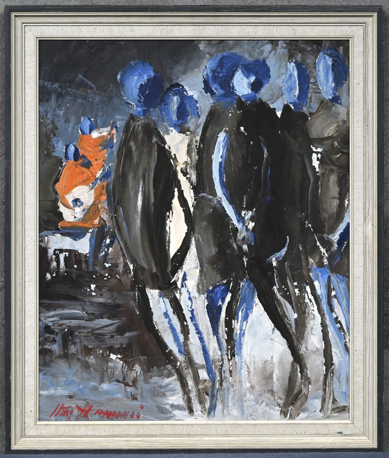 “Figuratief abstract”. Een schilderij, olieverf op paneel. Onderaan gesigneerd.