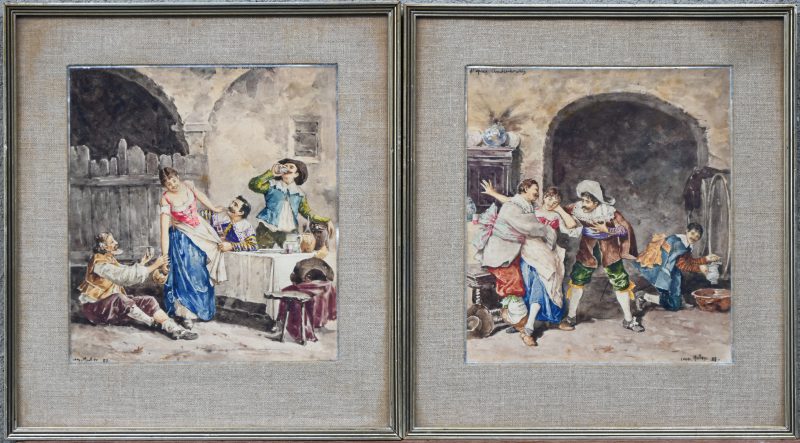 “Anna Moens, de schoone brouwersdochter”. Een lot van 2 schilderijtjes, aquarel op papier. Onderaan gesigneerd, opschrift bovenaan “d’apres Andrei-kowitz”.